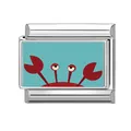 Italian charm bracelet link featuring a cute cartoon red crab on light blue panel - Expression Red Crab (Ocean-3)