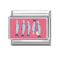 Italian charm link with pink background featuring sardines and lemon slice motif - Pink Base Fish and Lemon (Ocean-4)
