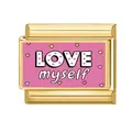 Maillon italien doré avec texte Love Myself rose et petits motifs de cœurs - Style Je M'aime (M293098)