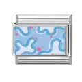 Italian charm link featuring blue wave and red stars pattern for modular bracelets - Blue Base Waves and Stars (Ocean-8)
