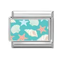 Italian charm link with ocean seashells and starfish pattern on stainless steel base - Cyan Base Shell and Starfish (Ocean-9)