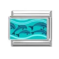 Italian modular charm featuring jumping dolphins in turquoise sea on stainless steel - Dolphins Playing in Waves (Ocean-11)