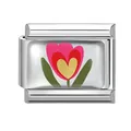 Italian charm link in stainless steel with pink tulip flower and gold heart detail - Pink Tulip Pattern (Pink-2)