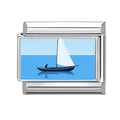 Italian charm link featuring a sailboat design on blue sea for modular bracelet - Simple Sailboat at Sea (Ocean-12)