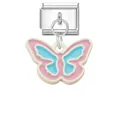 Italian charm link featuring a pink and blue butterfly pendant on a steel base - Pink Blue Butterfly Style