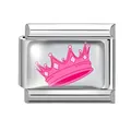 Italian charm link featuring a vibrant pink crown design on a silver stainless steel base - Pink Crown Pattern (Pink-4)
