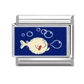 Italian charm bracelet link with silver stainless steel and blue puffer fish design - Blue Base Yellow Puffer (Ocean-14)