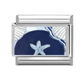 Italian charm link featuring a light blue starfish and white seashell on a dark blue background - Dark Blue Round Starfish (Ocean-15)