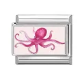 Italian charm link with pink watercolor octopus print on stainless steel modular bracelet - Pink Base Deep Pink Octopus (Ocean-16)