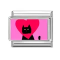 Italian charm link with pink background, red heart and black cat in stainless steel - Pink Background Black Cat with Heart Style