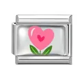 Italian charm link with pink heart and red flower pattern on polished silver stainless steel - 1*0.9cm / Pink Heart Flower Pattern (Pink-9)