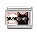 Italian charm link with cool cartoon cats on pink background for DIY bracelets - Cool Sunglasses Dual Cats Style