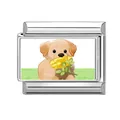 Italienisches Armband-Modul aus Edelstahl mit Golden Retriever Welpen und Blume Motiv - Golden Retriever Welpe mit Blume Stil