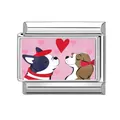 Italian charm link with cute cartoon dogs and red hearts on pink stainless steel - Romantic Valentine Two Dogs Style