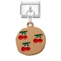 Italian charm bracelet link in stainless steel with a retro cherry pendant charm - Brown Round Cherry Plate Style
