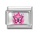 Italian charm link with pink butterfly design in polished stainless steel for DIY bracelets - 1*0.9cm / Pink Flame Butterfly Pattern (Pink-13)