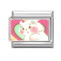 Italian charm link in stainless steel featuring a cute white cartoon cat with hearts - Colorful Hearts Radial White Cat Style