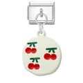 Italian style stainless steel modular charm with cute red cherry pattern dangle - White Round Cherry Plate Style