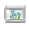 Italian modular charm featuring polished stainless steel with blue tulip hand-painted pattern - Blue Tulip Module (M293391)