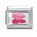 Italian charm link featuring a pink floral embroidery pattern on polished silver metal - 1*0.9cm / Pink Embroidery Style Floral (Pink-15)