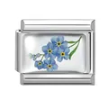 Italian modular charm in silver stainless steel with blue forget-me-not flower pattern - Blue Forget-me-not Module (M293391)