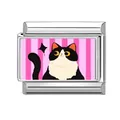 Italienisches Charm-Glied mit einer schwarz-weißen Zeichentrickkatze auf rosa Streifen - Rosa Gestreifter Hintergrund Schwarze Katze Stil
