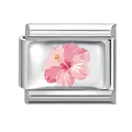 Italian charm link featuring a pink hibiscus flower on a white pearlescent base - Pink Hibiscus Module (M293391)