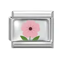 Italian charm link with pink floral design in stainless steel for modular DIY bracelets - 1*0.9cm / Pink Five Petal Flower Green Leaf (Pink-18)