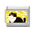 Italienisches Charm-Glied mit Schwarz-Weiß-Katzen-Illustration auf gelbem Hintergrund - Gelber Wellenhintergrund S&W Katze Stil