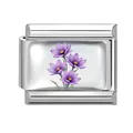 Italian modular charm featuring purple flowers and silver stainless steel finish - Purple Floral Module (M293391)