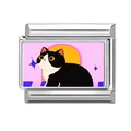 Italian charm bracelet link featuring a cute tuxedo cat illustration with pink background - Blue Stars Pink Background Cow Cat Style