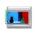 Italian modular charm in stainless steel featuring a black cat painting on red background - Window Sills Back View Black Cat Style