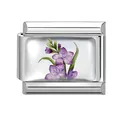 Italian modular charm in silver finish featuring a detailed lavender purple floral design - Lavender Module (M293391)