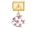 Charm modulare italiano con pesce a macchie bianche e viola in metallo dorato - Pesce a Macchie Bianche e Viola (Gold Base - Fish 9) / Oro