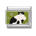 Italian modular charm in stainless steel featuring a cute black and white cat illustration - Grassland Flower Clump Cow Cat Style