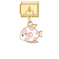 Maglia charm italiana con ciondolo a forma di pesce tropicale in smalto rosa e bianco - Pesce a Macchie Bianche e Rosa (Gold Base - Fish 11) / Oro