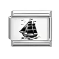 Italienisches Modul-Charm in Silber mit schwarzer Segelschiff- und Vogel-Nautikgravur - Segelboot und Vögel (13)