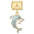 Maglia per bracciale italiano con base dorata e ciondolo a delfino in smalto grigio - Delfino Saltante Grigio (Gold Base - Fish 12) / Oro