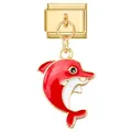 Charm modulare italiano con ciondolo a forma di delfino in smalto rosso e bianco - Delfino Saltante Rosso (Gold Base - Fish 13) / Oro