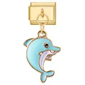 Charm modulare italiano con delfino in smalto blu su maglia in acciaio placcato oro - Delfino Saltante Blu Chiaro (Gold Base - Fish 14) / Oro