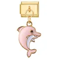 Charm modulare italiano con maglia in acciaio dorato e ciondolo a delfino in smalto rosa - Delfino Saltante Rosa (Gold Base - Fish 15) / Oro