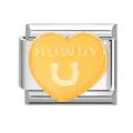 Charm modulare italiano con cuore in smalto giallo, testo HOWDY e simbolo del ferro di cavallo - HOWDY
