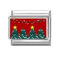 Italienischer Modul-Charm mit Weihnachtsbäumen und Lichtern auf festlichem rotem Grund - Vier Weihnachtsbäume mit Lichtern