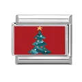 Italienisches Charm-Glied mit rotem Emaille-Hintergrund und grünem Weihnachtsbaum-Motiv - Grüner Weihnachtsbaum auf Rot