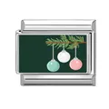 Italienisches Modul-Charm aus Silberstahl mit grüner Basis und Weihnachtsbaum-Schmuck - Kiefernzweig und drei Kugeln