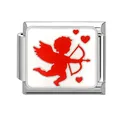 Maglia charm italiana con Cupido rosso e cuori su smalto bianco e base in acciaio inox - Cupido