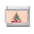 Italienisches Modul-Charm mit grünem Weihnachtsbaum und rosa Schleifen auf Edelstahl - Rosa Weihnachtsbaum und Schleifen