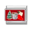 Italienischer Modul-Charm mit Weihnachtsbaum, Rentiertasse und Socke auf Silbermetall - Reh-Tasse und Weihnachtssocke