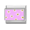 Italian charm link with purple floral pattern and polished stainless steel frame - Pink Purple Floral
