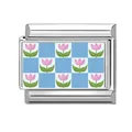 Italian charm bracelet link in stainless steel with blue checkerboard and pink tulips - Blue White Checkerboard Tulip